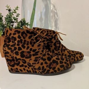 Leopard ankle wedge bootie